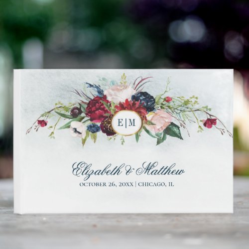 Navy Blue  Burgundy Bloom Watercolor Wedding Guest Book