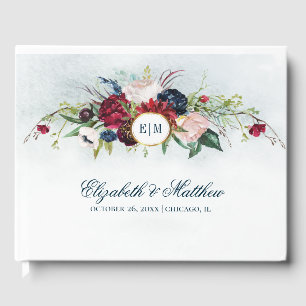 Navy Blue   Burgundy Bloom Watercolor Wedding Guest Book