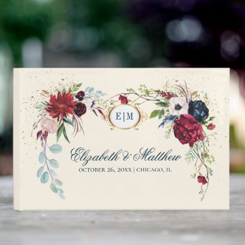 Navy Blue  Burgundy Bloom Watercolor Wedding  Guest Book