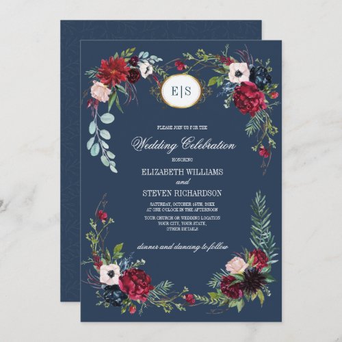 Navy Blue  Burgundy Bloom Watercolor Wedding Invitation