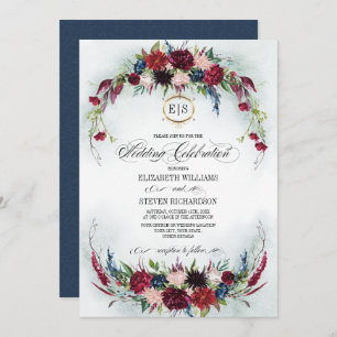 Navy Blue Burgundy Bloom Watercolor Wedding Invitation