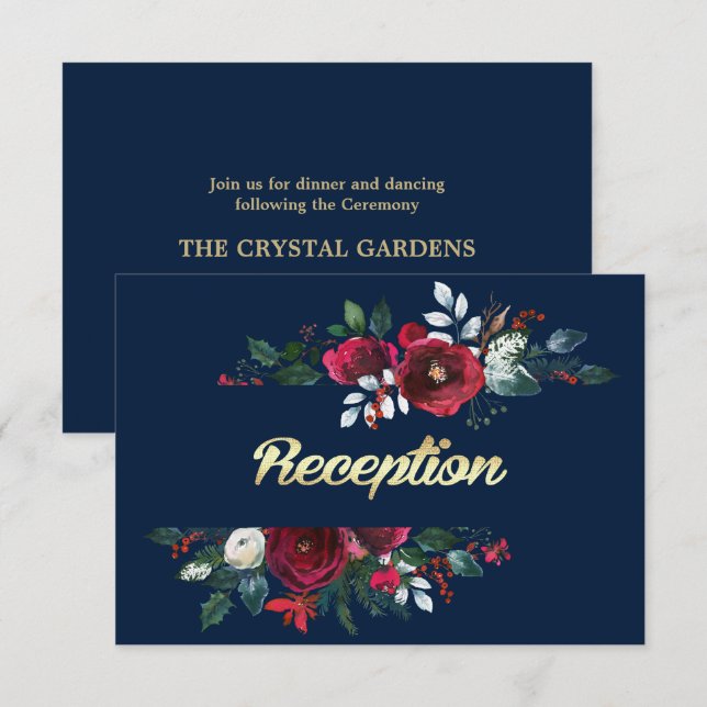 Navy Blue | Burgundy Bloom Wedding Reception Cards (Front/Back)