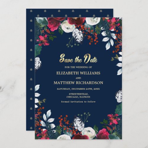 Navy Blue  Burgundy Bloom Wedding Save the Date Invitation
