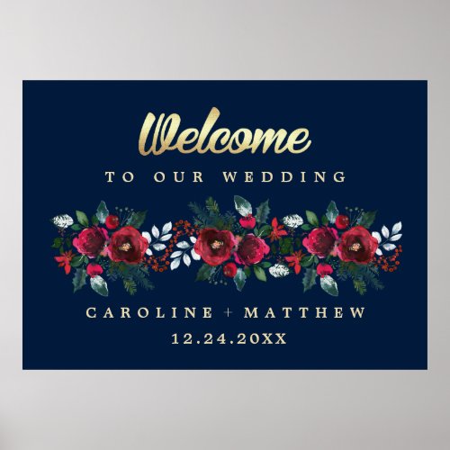 Navy Blue  Burgundy Bloom Wedding Welcome Sign