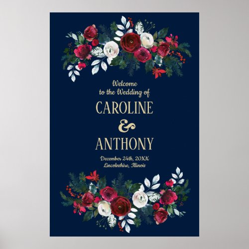 Navy Blue  Burgundy Bloom Wedding Welcome Sign