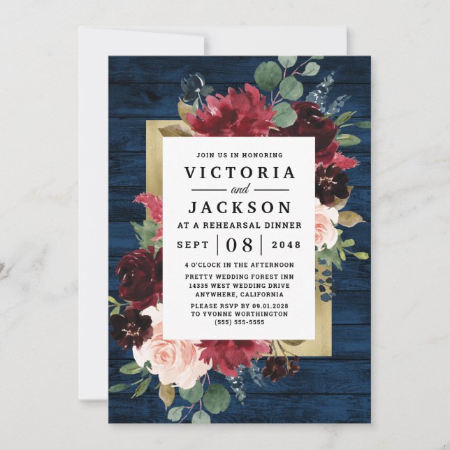 Navy Blue Burgundy Blush and Gold Rehearsal Dinner Invitation (Front)