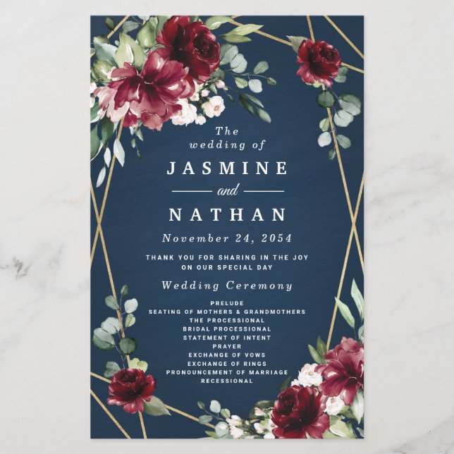 Navy Blue Burgundy Blush and Gold Wedding Programs (Front)
