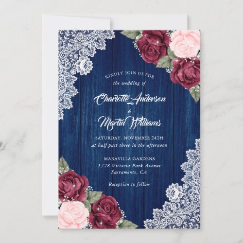 Navy Blue Burgundy Blush Barn Wood Lace Wedding Invitation