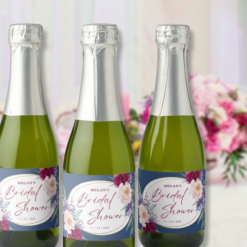 Navy Blue Burgundy Blush  Bloom Bridal Shower  Sparkling Wine Label
