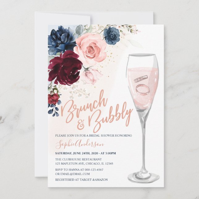 Navy Blue Burgundy Blush Floral Brunch and Bubbly  Invitation (Front)