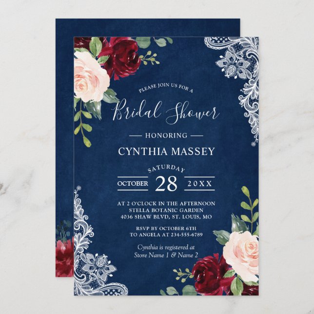 Navy Blue Burgundy Blush Floral Lace Bridal Shower Invitation (Front/Back)