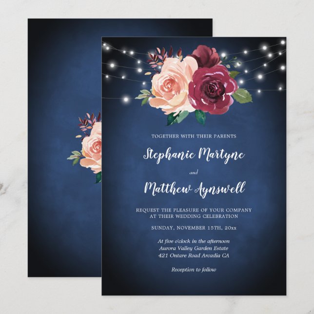 Navy Blue Burgundy Blush Floral Lights Wedding Invitation (Front/Back)