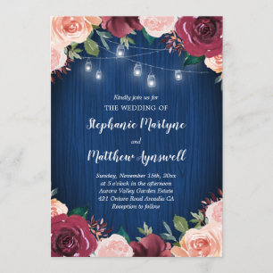 Navy Blue Burgundy Blush Floral Mason Jar Wedding Invitation
