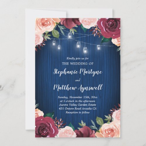 Navy Blue Burgundy Blush Floral Mason Jar Wedding Invitation