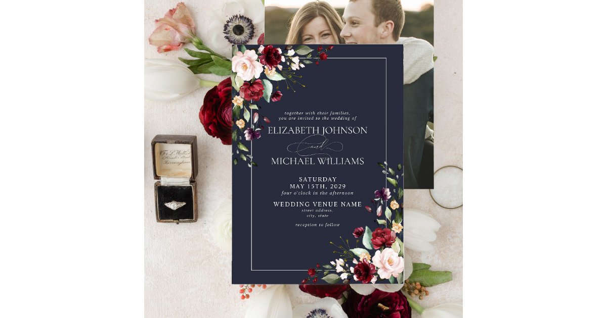 Navy Blue Burgundy Blush Floral Photo Wedding Invitation | Zazzle