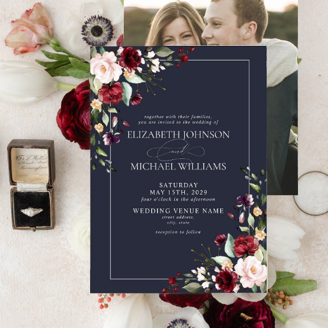 Navy Blue Burgundy Blush Floral Photo Wedding Invitation (Creator Uploaded)