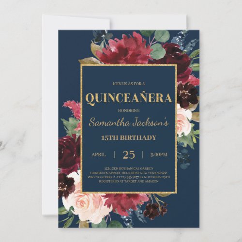 Navy blue burgundy blush floral quinceanera invitation