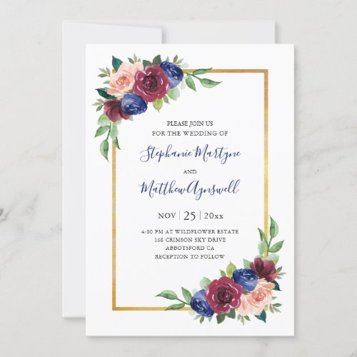 Navy Blue Burgundy Blush Floral Wedding Invitation