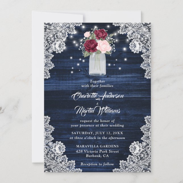 Navy Blue Burgundy Blush Floral Wedding Invitation (Front)