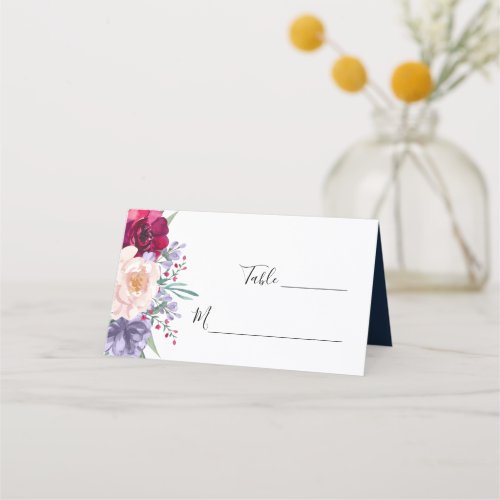 Navy Blue Burgundy Blush  Floral Wedding Table Place Card