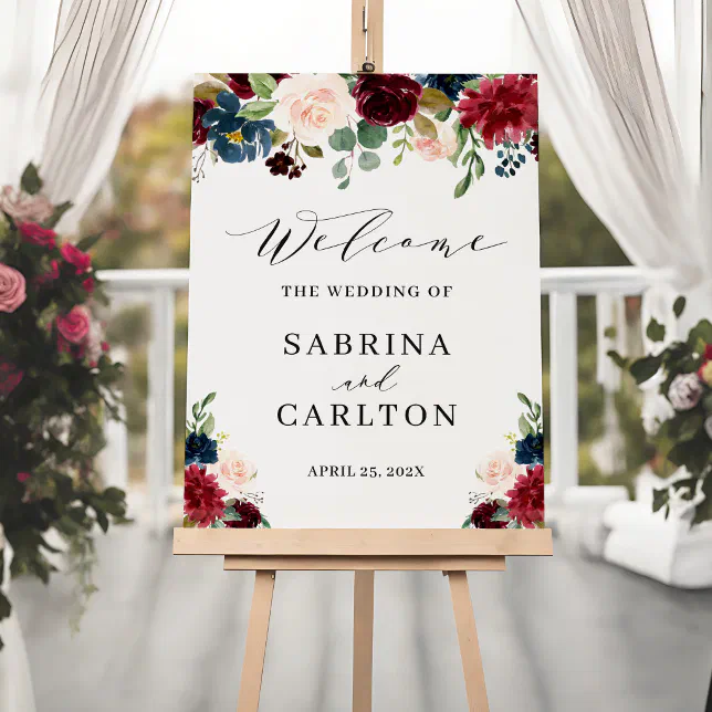 Navy Blue Burgundy Blush Floral Wedding Welcome Foam Board | Zazzle