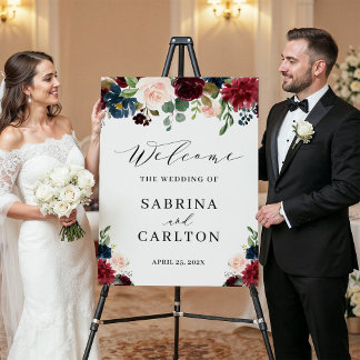 Navy Blue Burgundy Blush Floral Wedding Welcome Foam Board