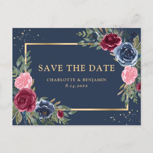 Navy Blue Burgundy Blush Gold Floral Save The Date Announcement Postcard