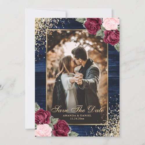 Navy Blue Burgundy Blush Gold Floral Wedding Photo Save The Date