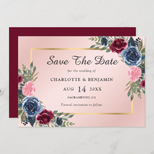 Navy Blue Burgundy Blush Gold Floral Wedding Save The Date