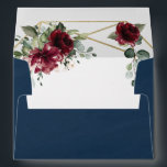 Navy Blue Burgundy Blush Gold Geometric Wedding Envelope<br><div class="desc">Design features a dark navy watercolor wash printed background (outside) with a printed gold colored geometric or terrarium frame covered in elegant eucalyptus and greenery leaves/branches. Beautiful peony and rose floral elements in shades of burgundy, red, Marsala and more with hints of blush pink flowers appear over the greenery. The...</div>