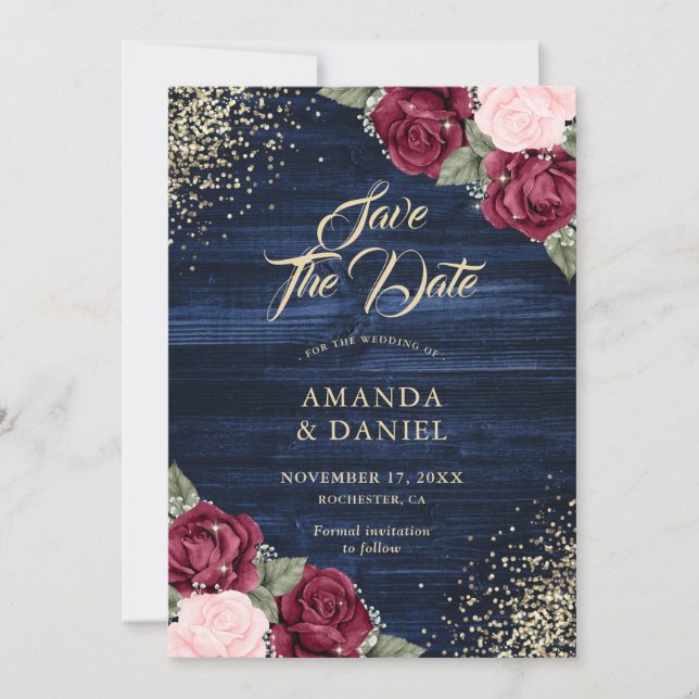 Navy Blue Burgundy Blush Gold Glitter Wedding Save The Date (Front)