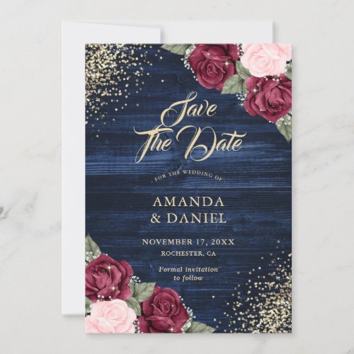 Navy Blue Burgundy Blush Gold Glitter Wedding Save The Date