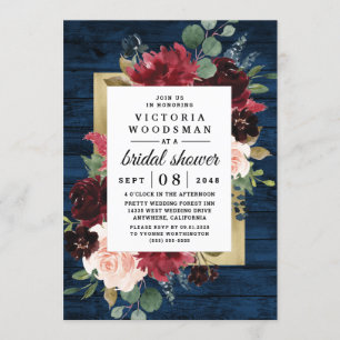 Navy Blue Burgundy Blush Gold Rustic Bridal Shower Invitation