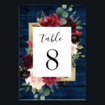 Navy Blue Burgundy Blush Gold Rustic Wedding Table Number<br><div class="desc">Design features a dark navy blue barn wood grain plank background decorated with an elegant floral wreath of peony rose flowers, eucalyptus greenery and more in shades of burgundy, Marsala red, maroon, blush pink etc. Design also features a printed gold colored border underneath the floral wreath for a modern look....</div>