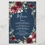 Navy Blue Burgundy Blush Gold Wedding Menu Cards<br><div class="desc">Design features a dark navy watercolor wash printed background with a printed gold colored geometric or terrarium frame covered in elegant eucalyptus and greenery leaves/branches. Beautiful peony and rose floral elements in shades of burgundy,  red,  Marsala and more with hints of blush pink flowers appear over the greenery.</div>