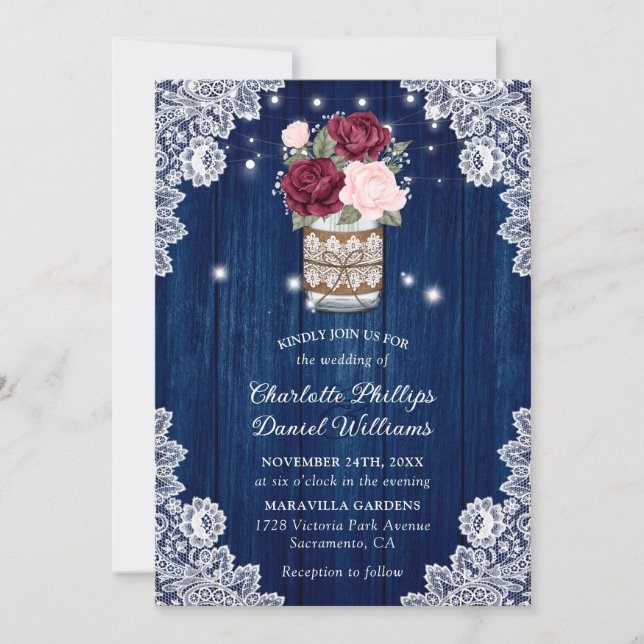 Navy Blue Burgundy Blush Lace Mason Jar Wedding Invitation (Front)
