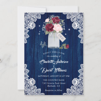 Navy Blue Burgundy Blush Lace Mason Jar Wedding Invitation
