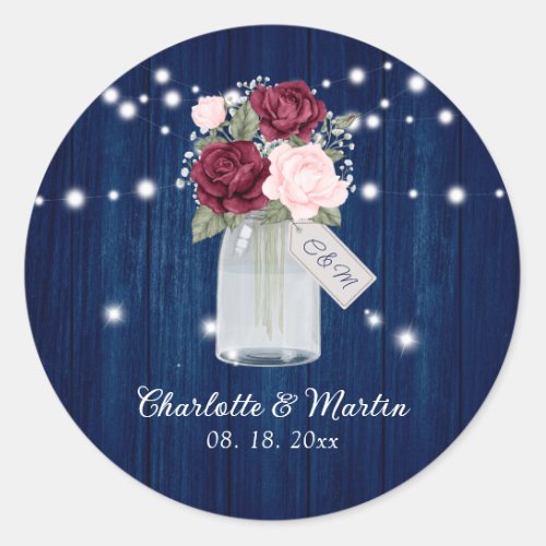 Navy Blue Burgundy Blush Mason Jar Floral Wedding Classic Round Sticker