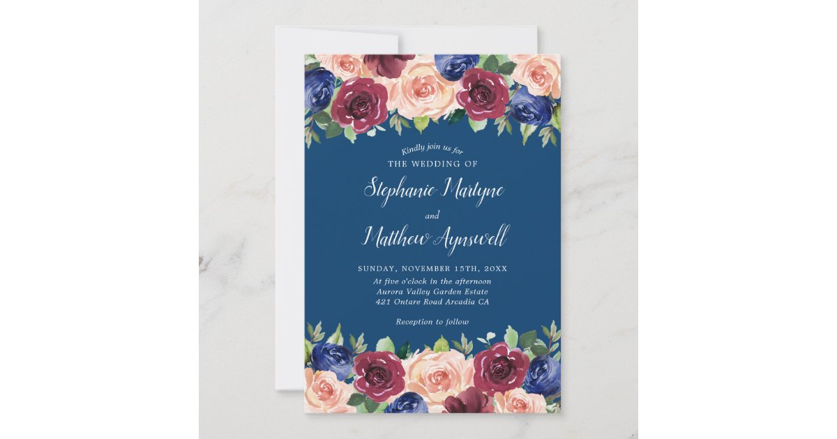 Navy Blue Burgundy Blush Modern Floral Wedding Invitation | Zazzle