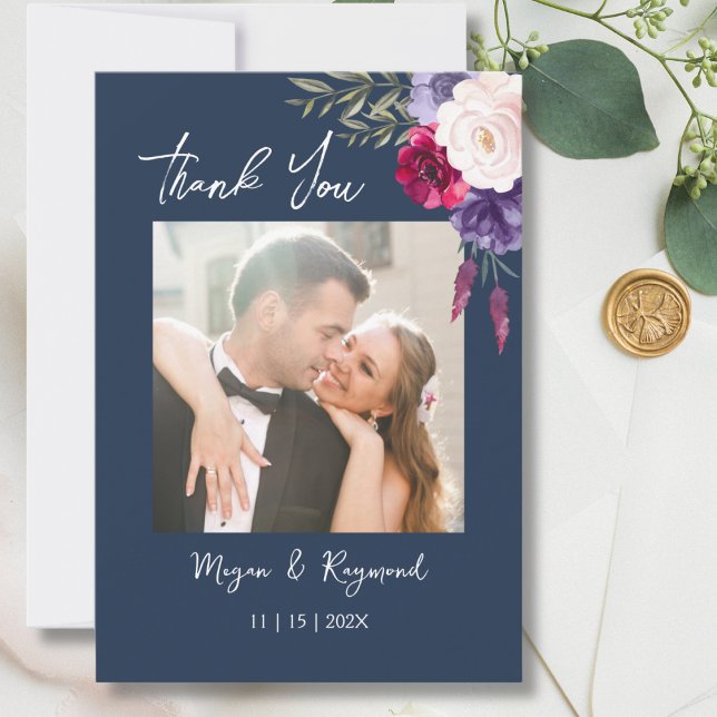 Navy Blue Burgundy & Blush Modern Floral Wedding Thank You Card (Creator Uploaded)