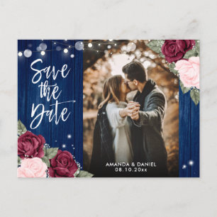 Navy Blue Burgundy Blush Photo Save The Date Announcement Postcard