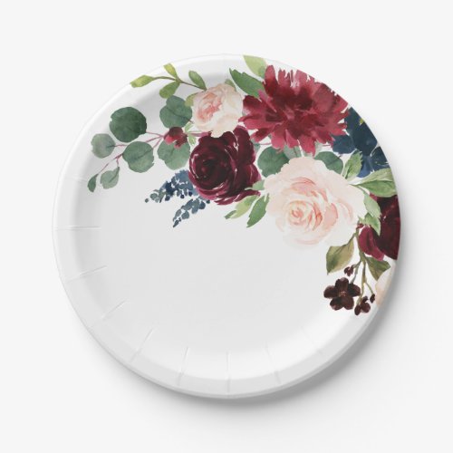 Navy Blue Burgundy Blush Pink Botanical Wedding Paper Plates