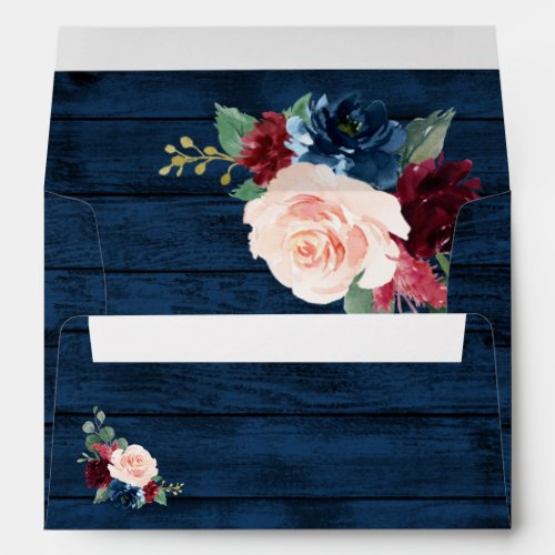 Navy Blue Burgundy Blush Pink Country Wood Wedding Envelope - Navy Blue Burgundy Blush Pink Country Wood Wedding Envelopes - feature a dark navy blue barn or wood grain background (inside and out) decorated with floral and greenery elements in shades of navy, pink, burgundy and more. View the matching collection on this page to find coordinating items.  NOTE: You will need to purchase a paint pen in white, silver, gold or the color of your choice to write guests' addresses on these.  Metallic and traditional paint pens are found in the craft section of most big box stores.