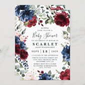 Navy Blue Burgundy Blush Pink Floral Baby Shower Invitation (Front/Back)