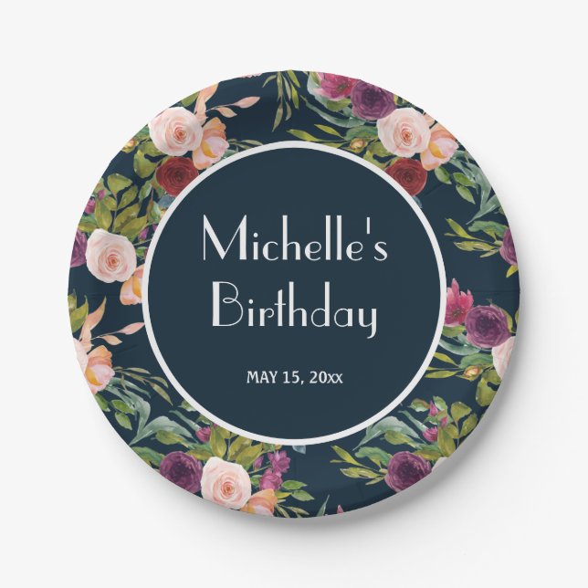 Navy Blue Burgundy Blush Pink Floral Birthday Paper Plates (Front)