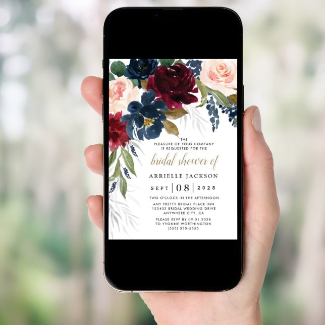 Navy Blue Burgundy Blush Pink Floral Bridal Shower Invitation (Front Digital)