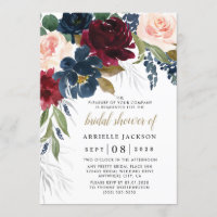 Navy Blue Burgundy Blush Pink Floral Bridal Shower Invitation