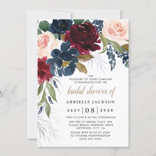 Navy Blue Burgundy Blush Pink Floral Bridal Shower Invitation