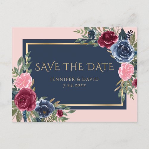 Navy Blue Burgundy Blush Pink Floral Save The Date Announcement Postcard