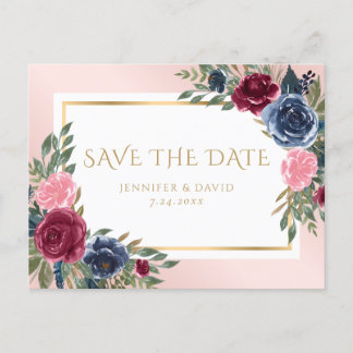 Navy Blue Burgundy Blush Pink Floral Save The Date Announcement Postcard